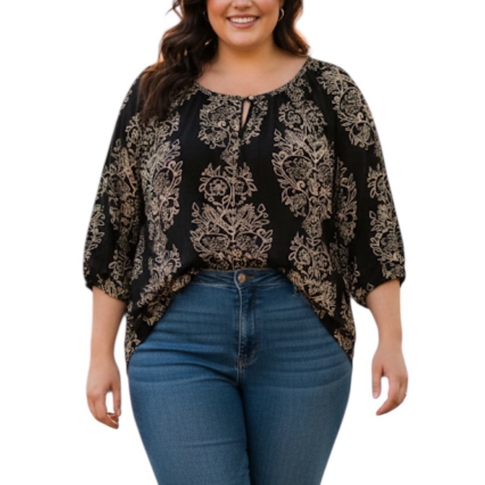 Lucky Brand Floral Boho Neutral 3/4 Sleeve Round Neck Blouse Top 2X Black Tan